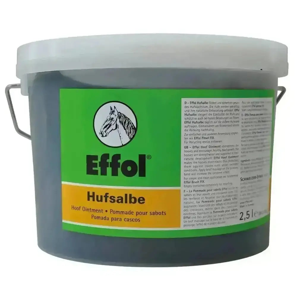 A 2.5-liter gray plastic bucket with white lid and metal handles of effol hoof ointment black original ointment formula