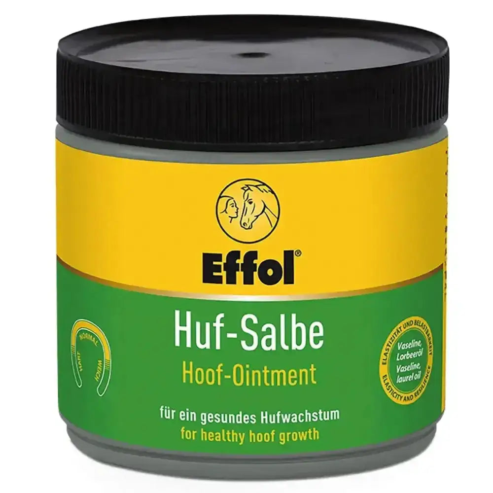 Effol hoof ointment black in a yellow and green jar with black lid featuring original ointment formula for hooves