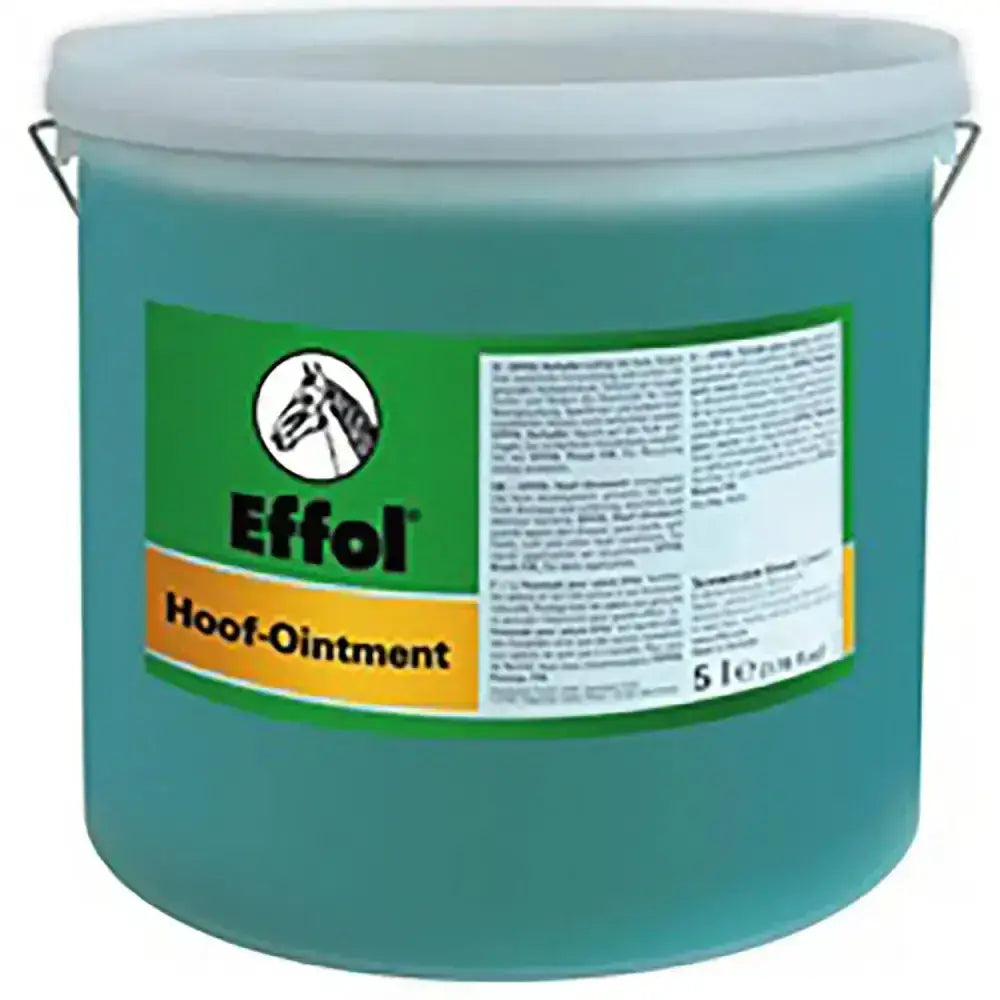 Teal plastic bucket with white lid and metal handles labeled effol hoof ointment green original ointment formula
