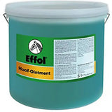 Teal plastic bucket with white lid and metal handles labeled effol hoof ointment green original ointment formula