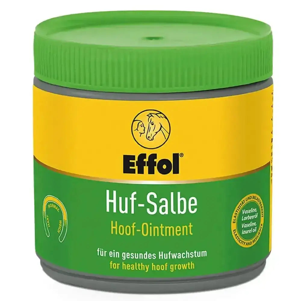 Green and yellow labeled jar of effol hoof ointment with green ribbed lid showing original ointment formula