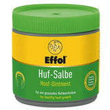 Green and yellow labeled jar of effol hoof ointment with green ribbed lid showing original ointment formula