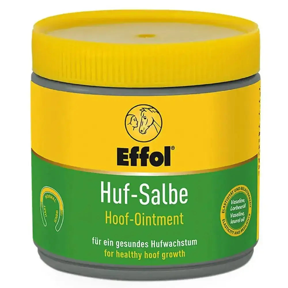 Effol hoof ointment in a yellow and green jar with yellow lid featuring the original ointment formula hoof ointment yellow