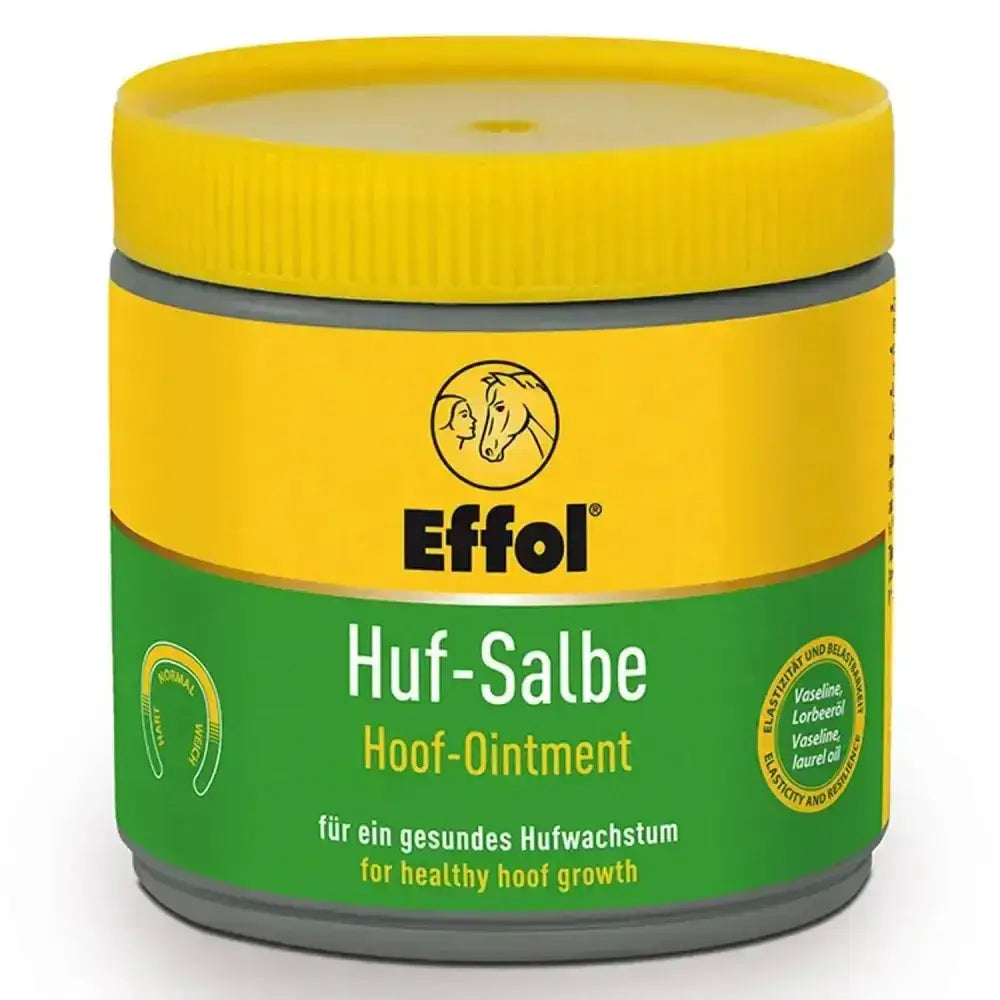 Effol hoof ointment yellow in a yellow and green container with the original ointment formula for hoof care