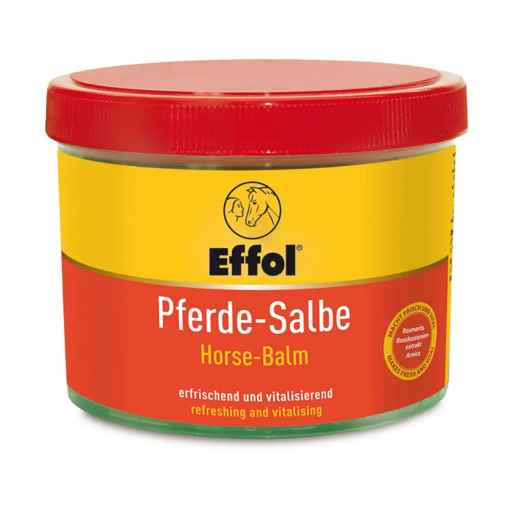 Effol horse balm in a vibrant red and yellow jar with red lid muscle lotion for horses
