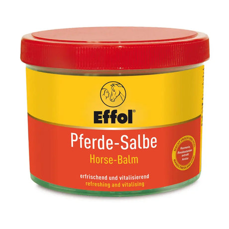 Effol horse balm in a vibrant red and yellow jar with red lid muscle lotion for horses