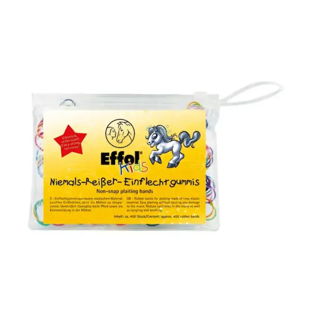 A colorful pack of effol kids slickerbands non-snap plaiting bands with a yellow cartoon horse label in clear bag