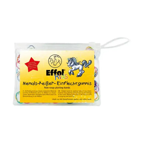 A colorful pack of effol kids slickerbands non-snap plaiting bands with a yellow cartoon horse label in clear bag