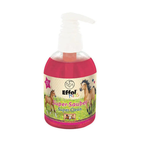 Pink transparent bottle of effol kids super-clean hand soap with white pump and horse-themed label with caring effect