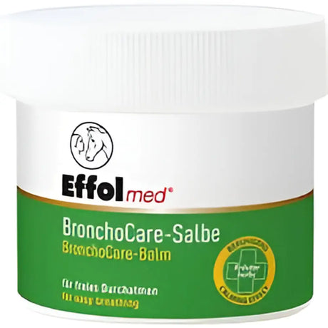 White plastic jar with green label and white lid of effol med bronchocare balm soothes irritated skin