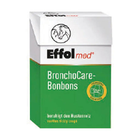 White and green cardboard box of effol med bronchocare sugar-free herbal bonbons with black horse logo on top