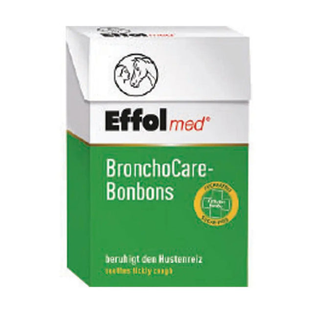 White and green cardboard box of effol med bronchocare sugar-free herbal bonbons with black horse logo on top