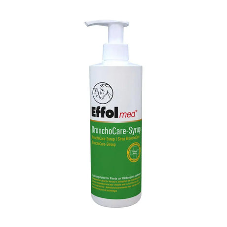 White plastic bottle with green label and white pump dispenser labeled effol med bronchocare syrup