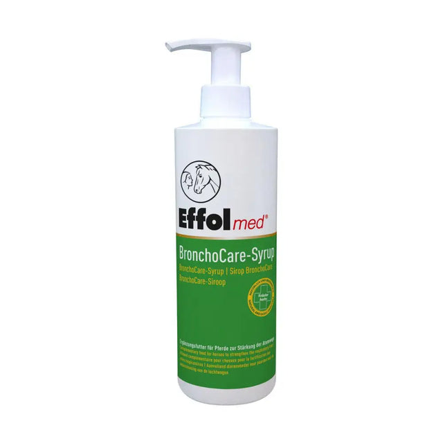 White plastic bottle with green label and white pump dispenser labeled effol med bronchocare syrup