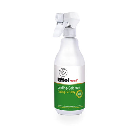 White plastic spray bottle with green label featuring effol med cooling gel spray for soothing relief