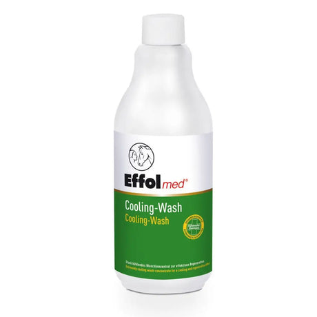 White plastic bottle of effol med cooling-wash with green label for horse care, an effective cooling shampoo