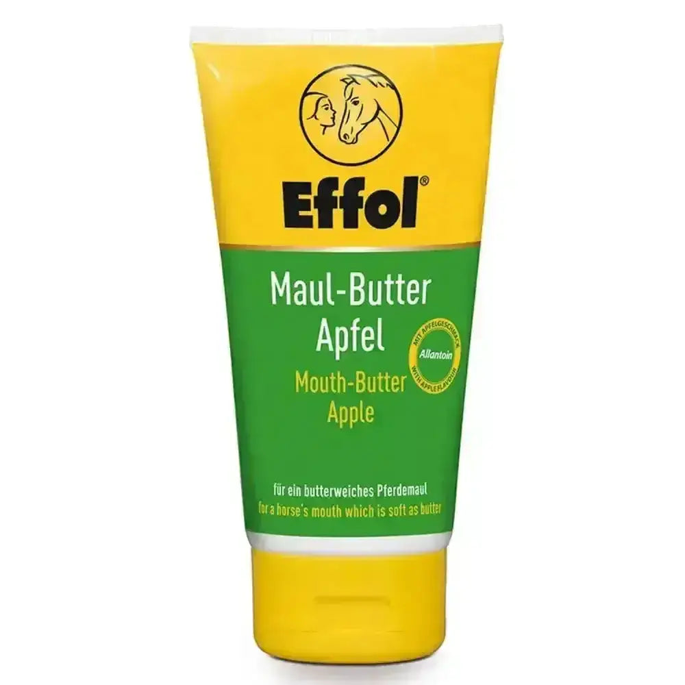 Yellow and green tube of effol mouth butter for horse’s mouth care with soothing apple flavor mouth butter makes healing easy
