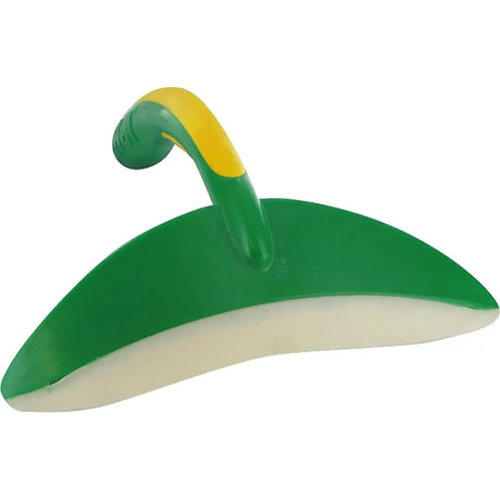Green and yellow plastic effol orca sweat scraper with curved handle to remove surplus water from horses sweat