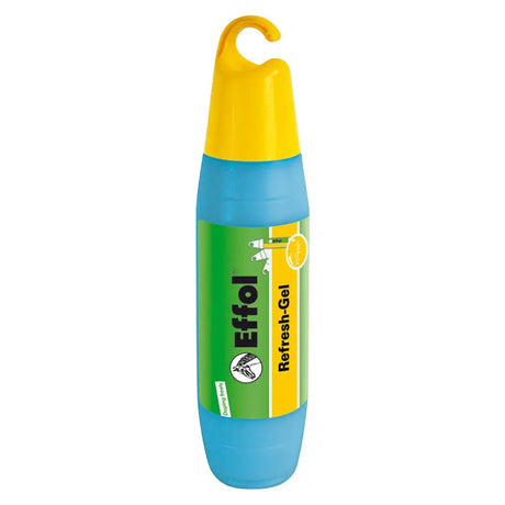 Bright blue and yellow effol refresh gel bottle with hook-top cap and citrus scent label for horse grooming and muscle lotion