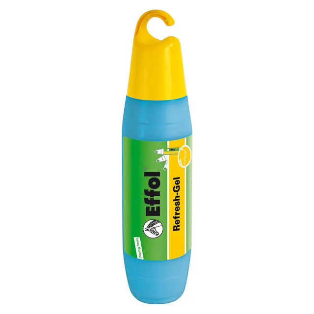 Bright blue and yellow effol refresh gel bottle with hook-top cap and citrus scent label for horse grooming and muscle lotion