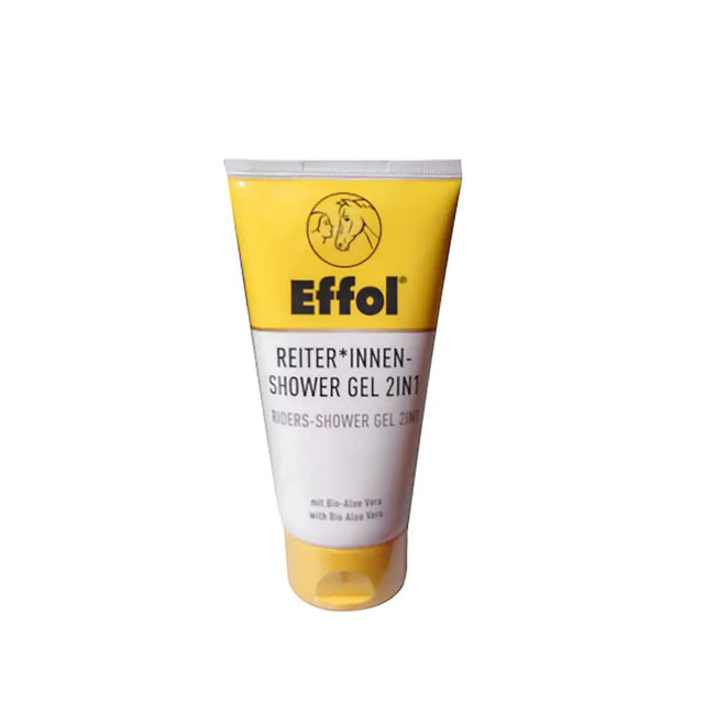 Yellow and white tube of effol riders 2-in-1 shower gel with horse and dog logo for riders 2-in-1 shower care