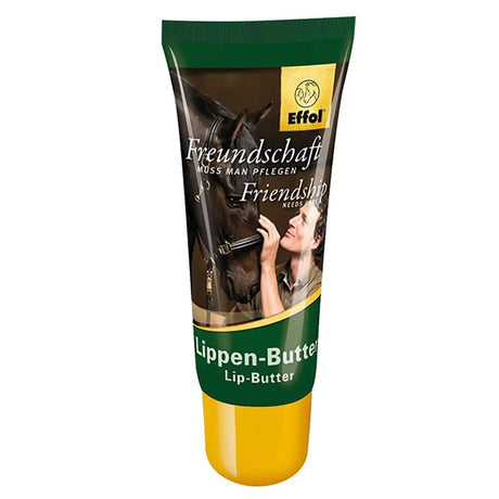 Green and yellow effol riders lip butter tube with horse rider label featuring fresh apple aroma and allantoin ingredients