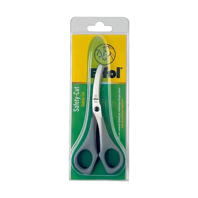 A pair of effol safety-cut scissors with silver blades and gray handles in yellow green pack for sensitive areas