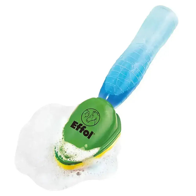Green and blue effol shampoo brush with horse-bristle and textured grip handle for applying liquids silently on sensitive horses