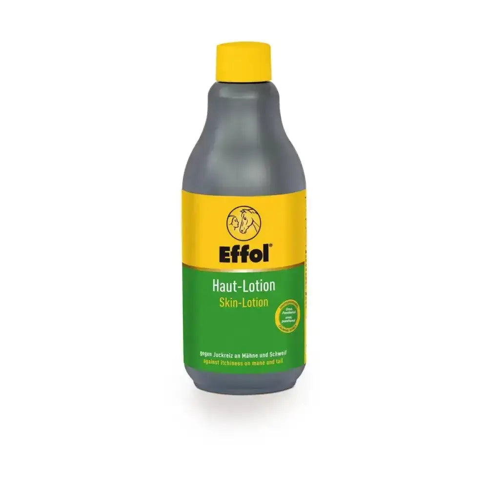 A dark gray effol skin lotion bottle with a bright yellow cap and label showing its regenerating effect for itchy skin