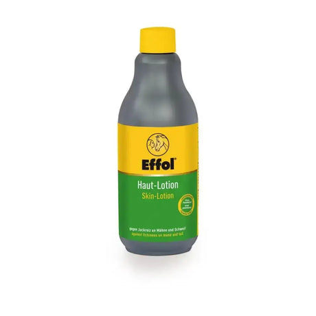 A dark gray effol skin lotion bottle with a bright yellow cap and label showing its regenerating effect for itchy skin