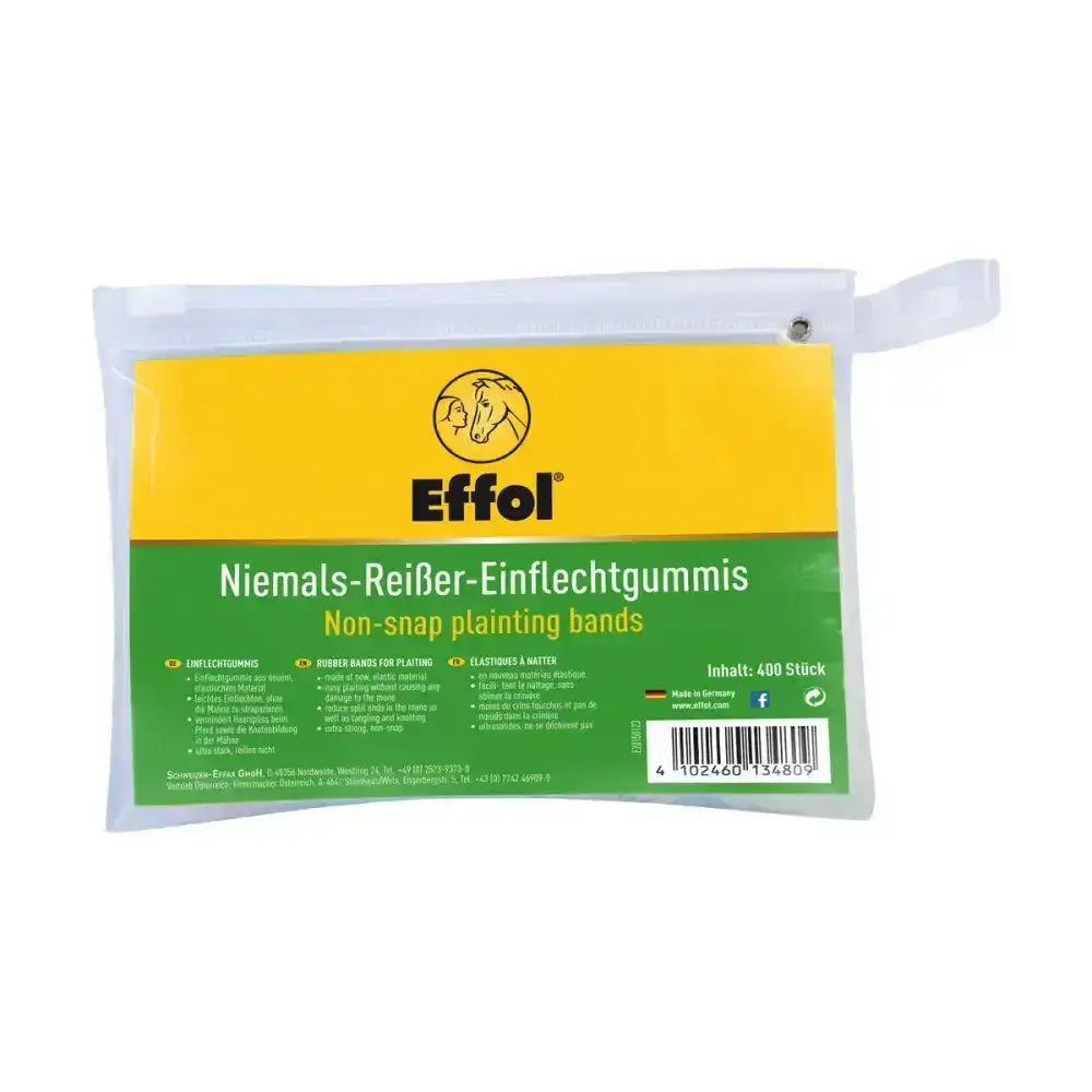 A package of effol slickerbands colourless plaiting bands with a yellow and green multilingual label