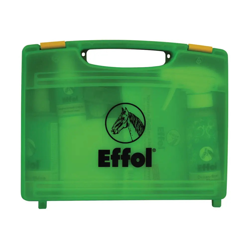 Green translucent plastic effol styling case with yellow latches and black horse logo for horse grooming and mane care
