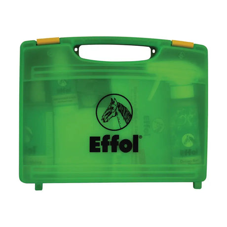 Green translucent plastic effol styling case with yellow latches and black horse logo for horse grooming and mane care