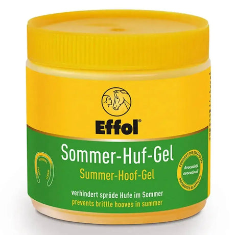 Yellow plastic jar of effol summer hoof gel with matching lid featuring original ointment formula label