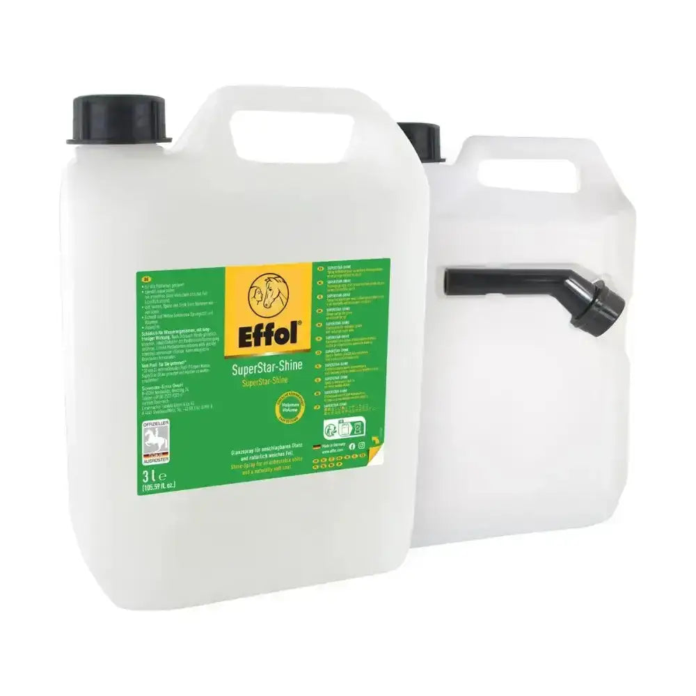 White plastic jug with black cap and spout of effol superstar shine for tail taking and horse grooming
