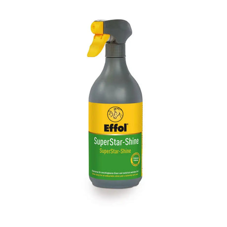 Gray spray bottle with yellow trigger and effol superstar shine label for horse grooming and tail taking