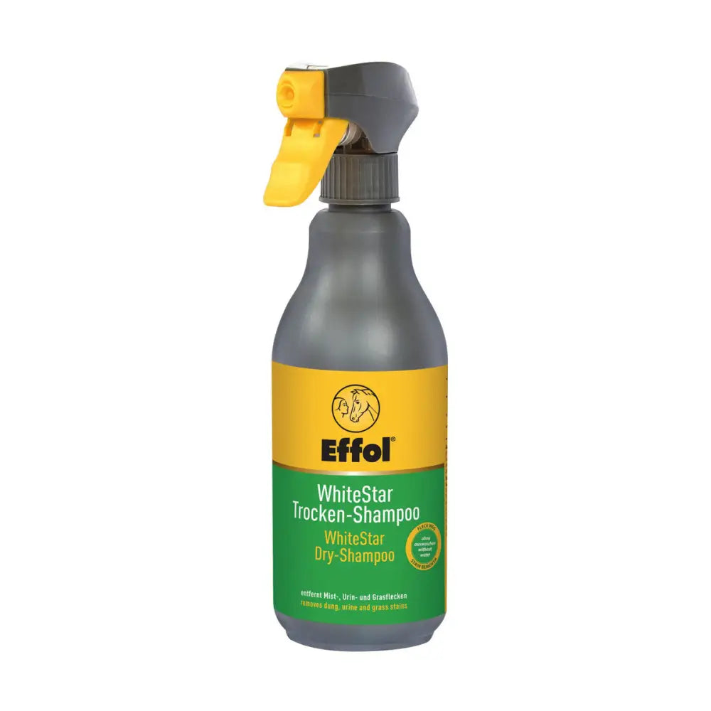 Effol white star dry shampoo in gray spray bottle with yellow trigger and green label for horse shampoos use