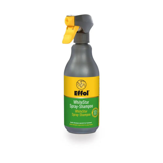 Effol White Star spray shampoo in a gray bottle with yellow trigger and green label for easy horse grooming