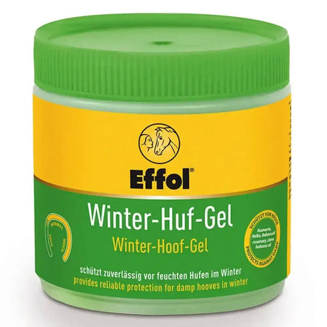 Green and yellow jar of effol winter hoof gel for hoof care protecting horses during cold months