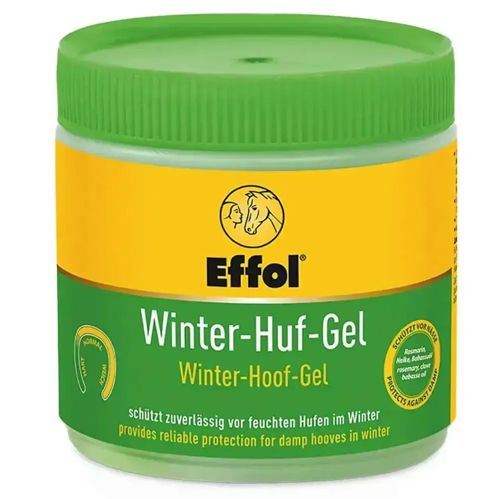 Effol winter hoof gel in a green and yellow jar with ribbed lid designed for effective hoof care in winter months