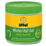 Effol winter hoof gel in a green and yellow jar with ribbed lid designed for effective hoof care in winter months
