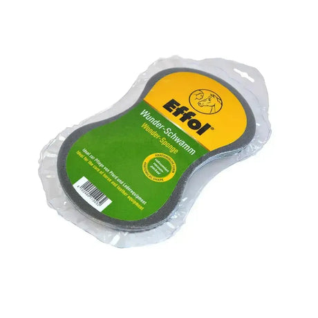 Effol wonder sponge gray contoured cleaning tool with yellow and green branding for equestrian horse care vacuum packaging