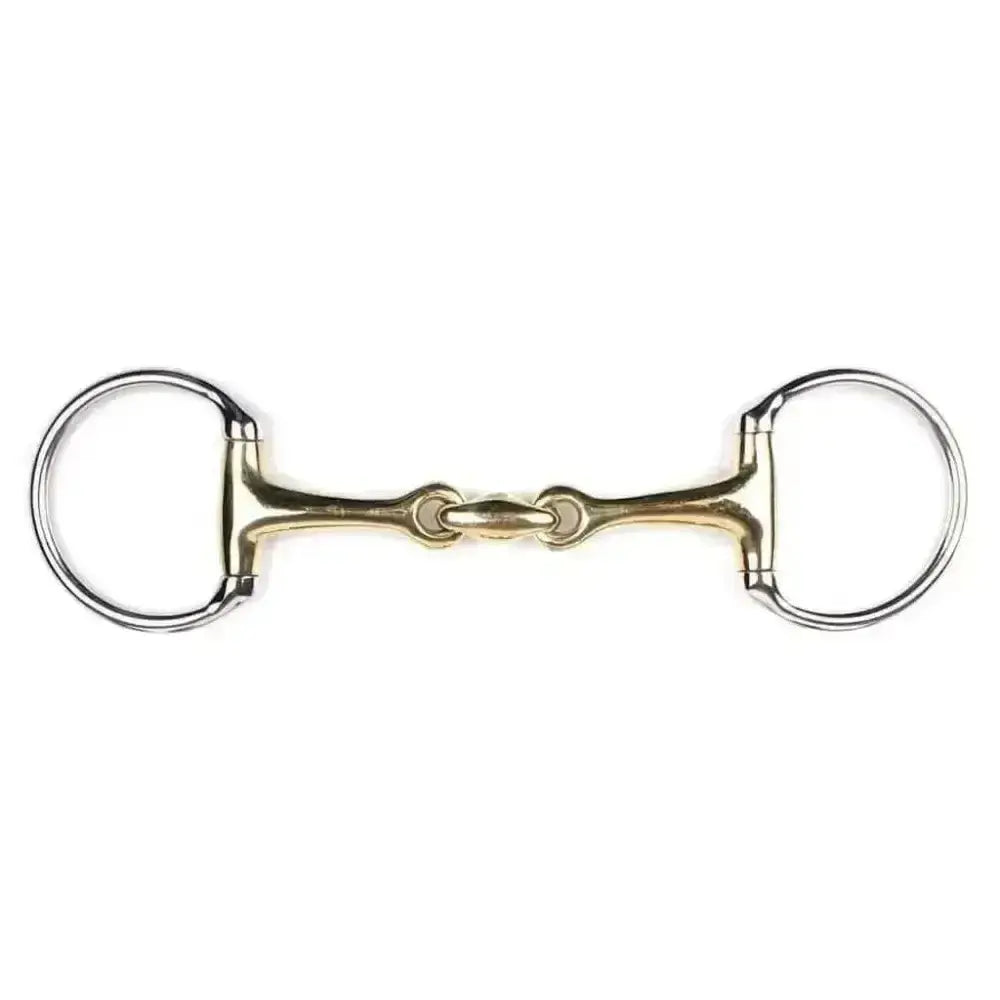 A polished brass and silver eggbutt bit double jointed german argentan with stainless steel horsebit design