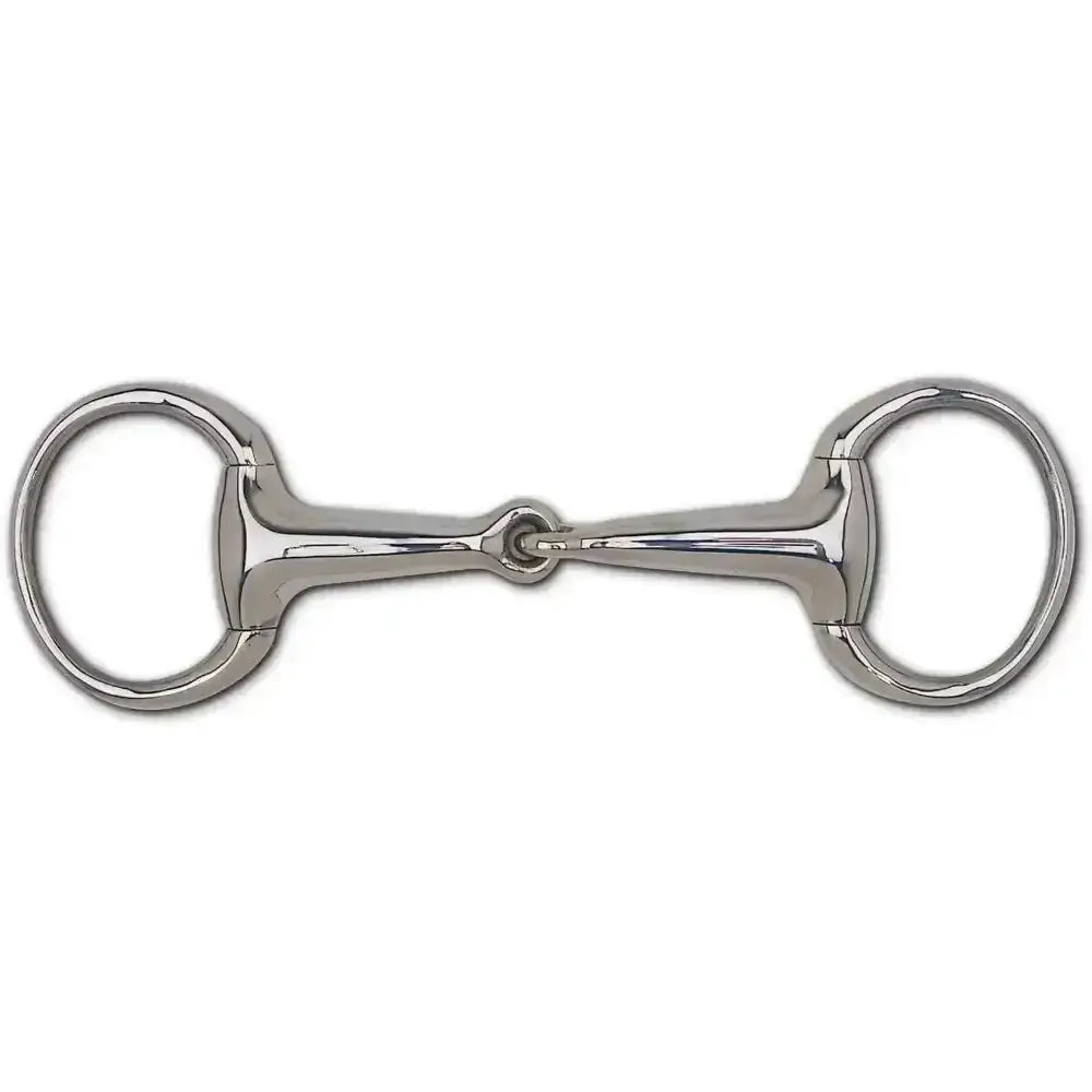 Shiny silver metal eggbutt snaffle bit with hollow mouth piece and polished symmetrical design