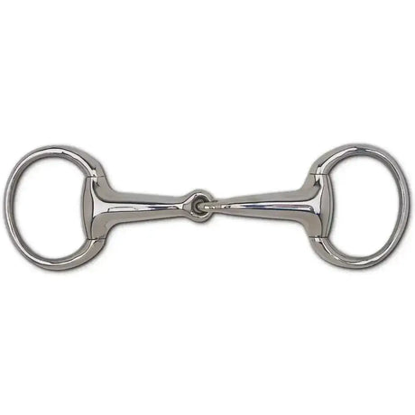 Shiny silver metal eggbutt snaffle bit with hollow mouth piece and polished symmetrical design