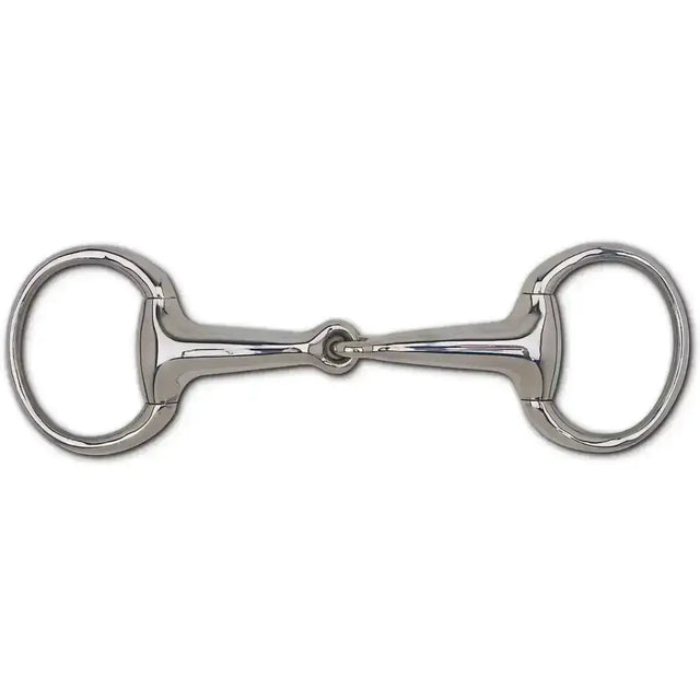 Shiny silver metal eggbutt snaffle bit with hollow mouth piece and polished symmetrical design