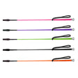 Five colorful el55 elico riding whips with synthetic braid and nickel plated mushroom handles in vibrant pink purple green black and orange