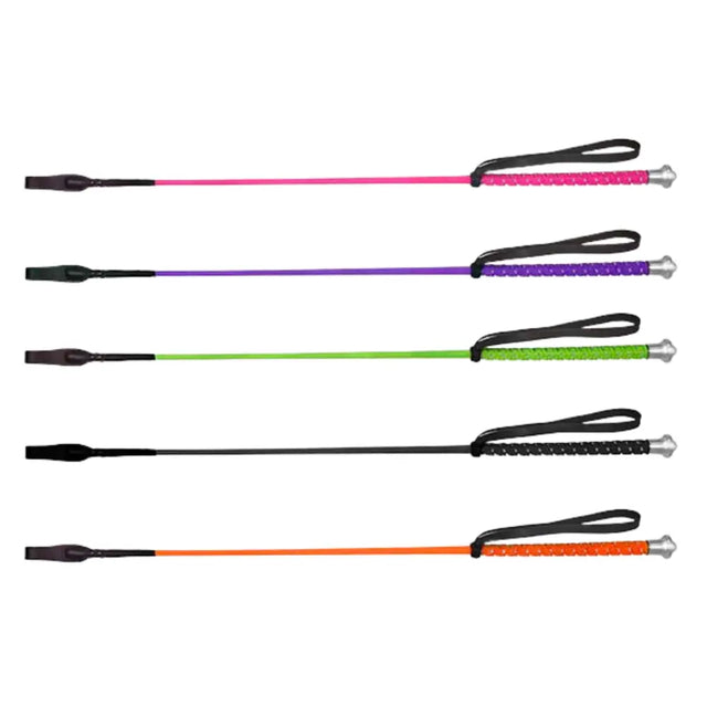 Five colorful el55 elico riding whips with synthetic braid and nickel plated mushroom handles in vibrant pink purple green black and orange