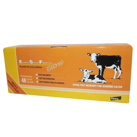 Orange and yellow cardboard box of elanco scour formula extra with black and white cow illustrations for oral rehydration therapy