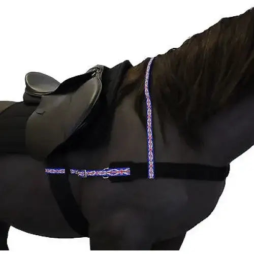 Black elastic racing breast girth with purple and white patterned saddle straps for libbys racing breast adjustable neck